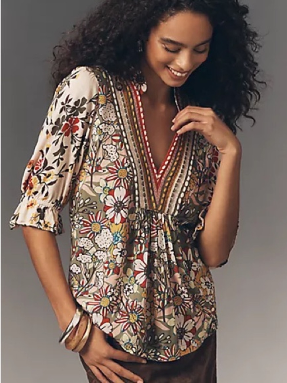 Bl-nk Stephanie Top Anthropologie, colorful floral bpattern V-neck trim blouse - Picture 3 of 5